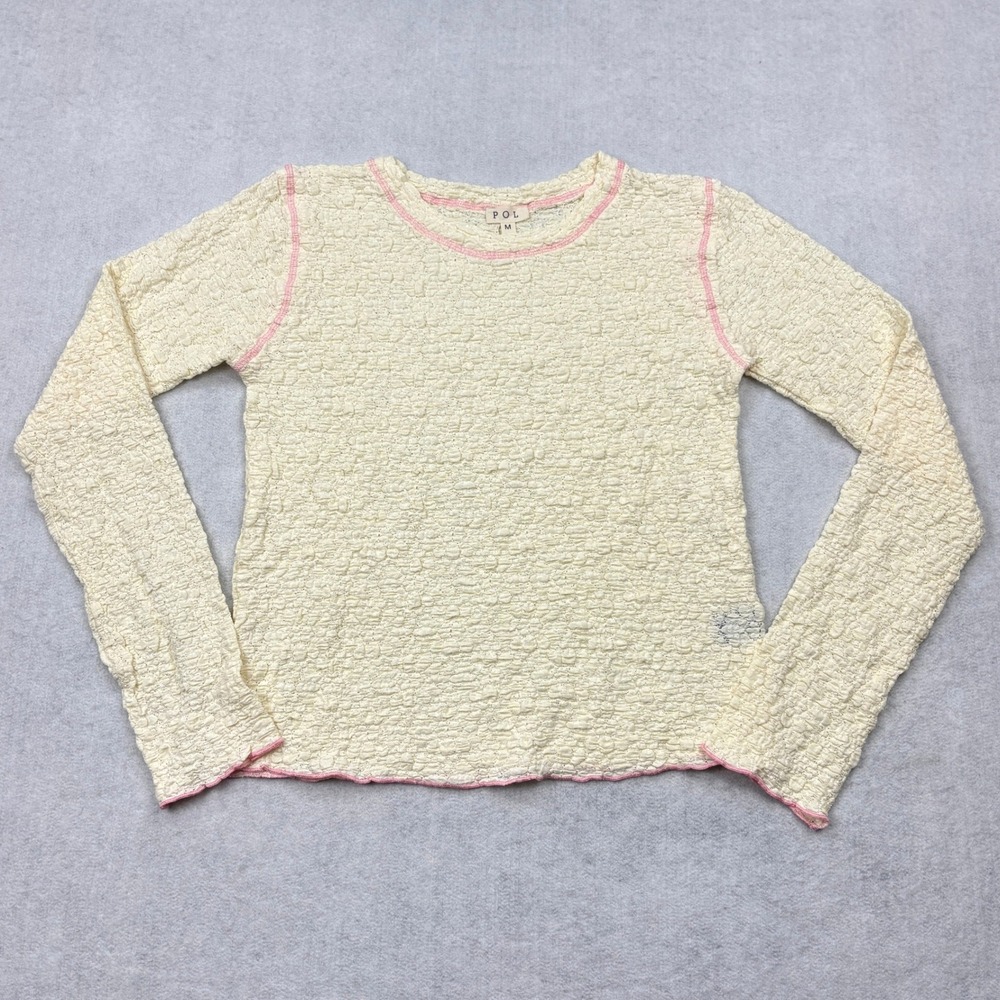 POL Womens Medium Cream 3D Popcorn Bubble Lace Top Pink Stitch Long Sleeve M